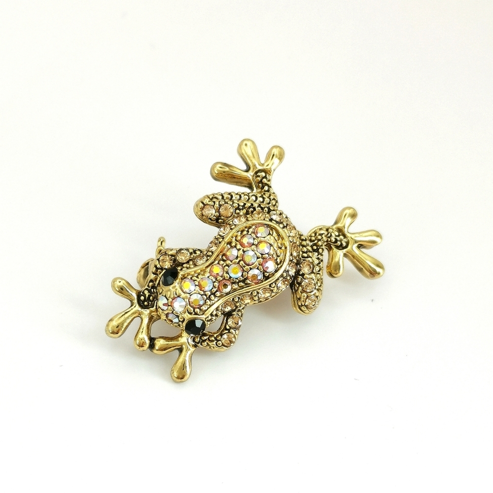 Crystal a/b Leaping Frog pin brooch in gold tone 🆕